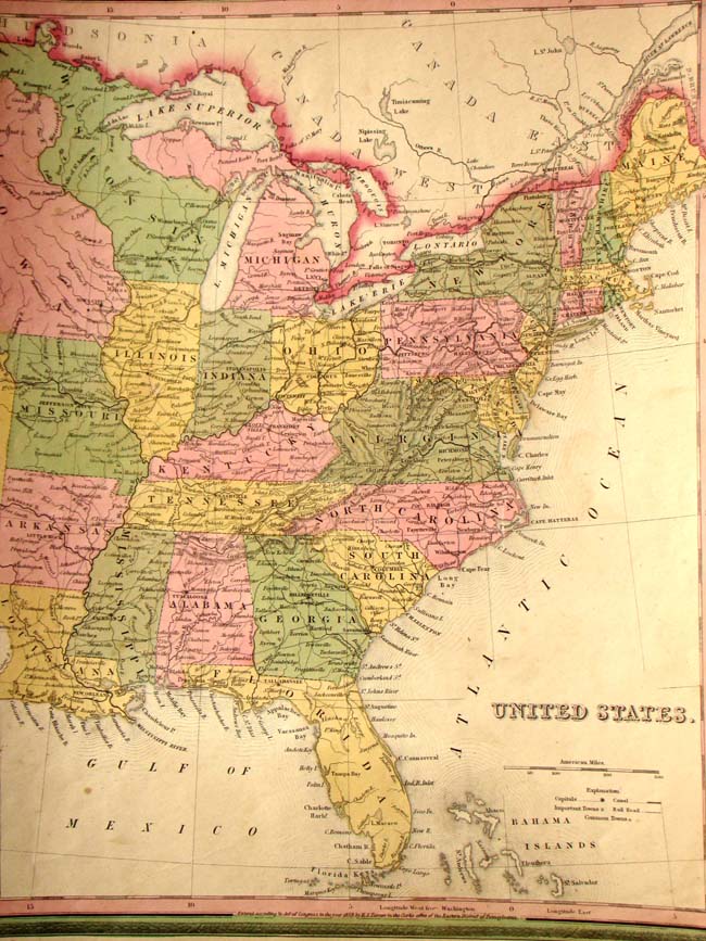 An originalhand colored Map of the United States published by Tanner in 1845